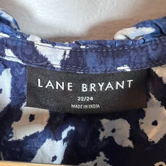 Lane Bryant Women’s Size 22/24 Ruffle Neck Woven & Knit Top Blue Shibori Diamond - Picture 6 of 10